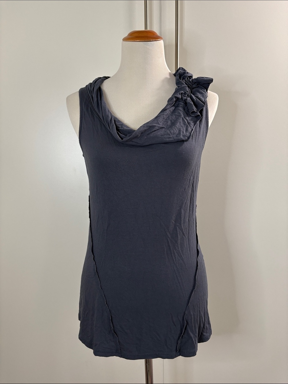 Noa Noa Sleeveless Steel Blue Cowl Neck Tank with Shoulder Rosette M